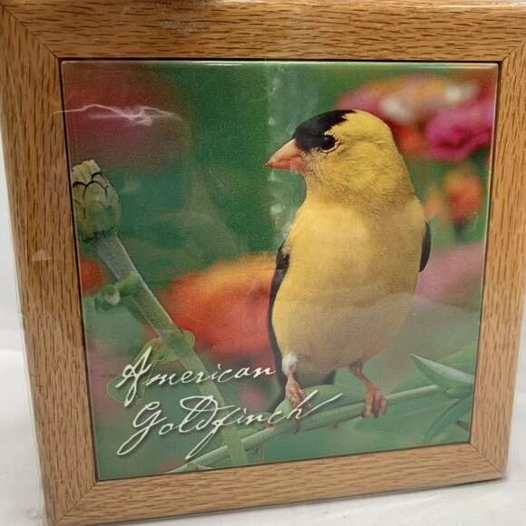 Goldfinch Bird Ceramic Tile Trivet Wood Frame  8” Square 9172 - Picture 1 of 9
